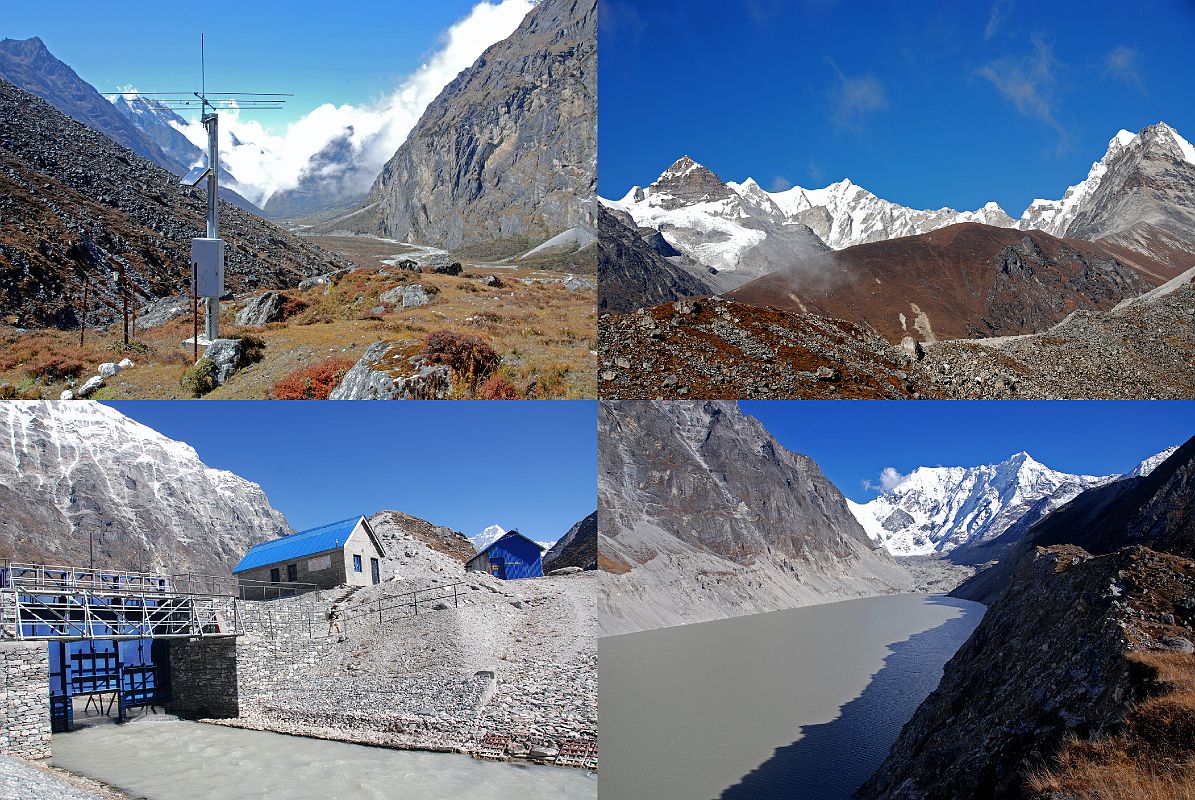 Rolwaling 05 12 Tsho Rolpa Early Warning Sirens, 6000m Peaks Northeast Of Kang Nachugo, Buildings At Tsho Rolpa, Tsho Rolpa From Kabug